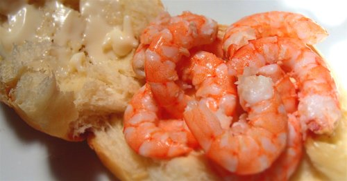 Prawn perfection (when simple is best): Freshly caught Myall Lakes prawns, freshly baked white bread roll, butter, mayonnaise